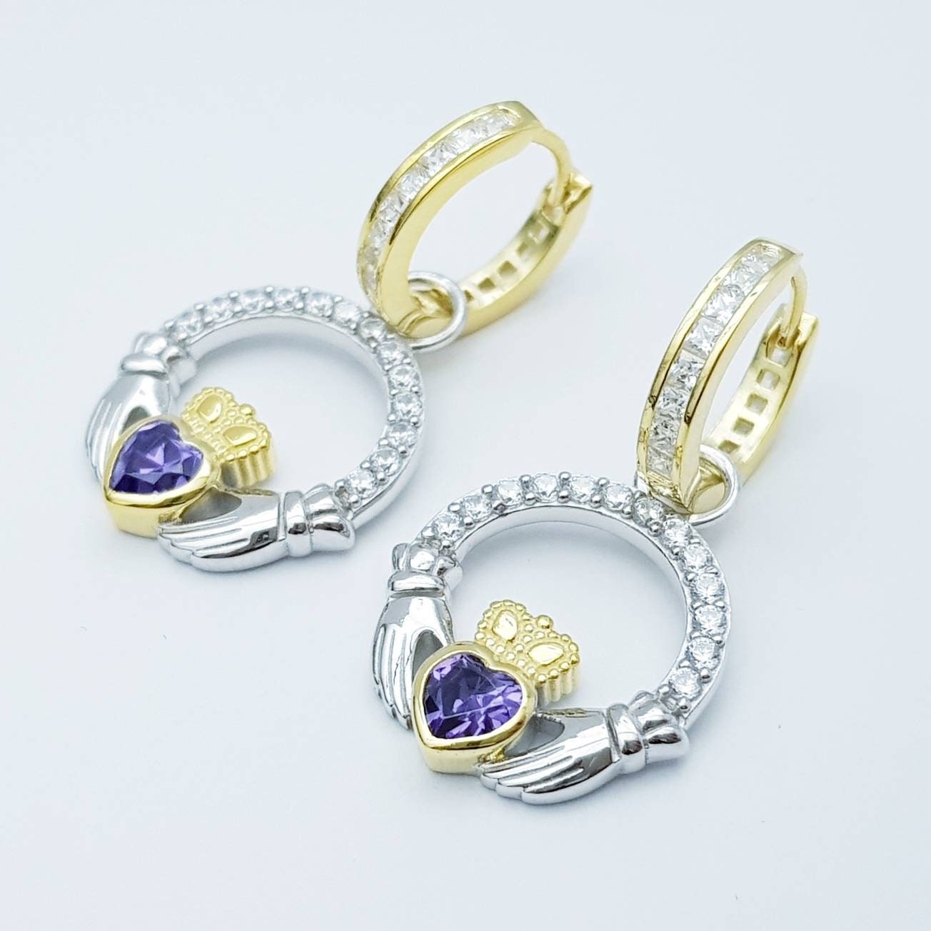 Silver hoop Claddagh Earrings, 2 earring in 1, dainty yellow gold hoops