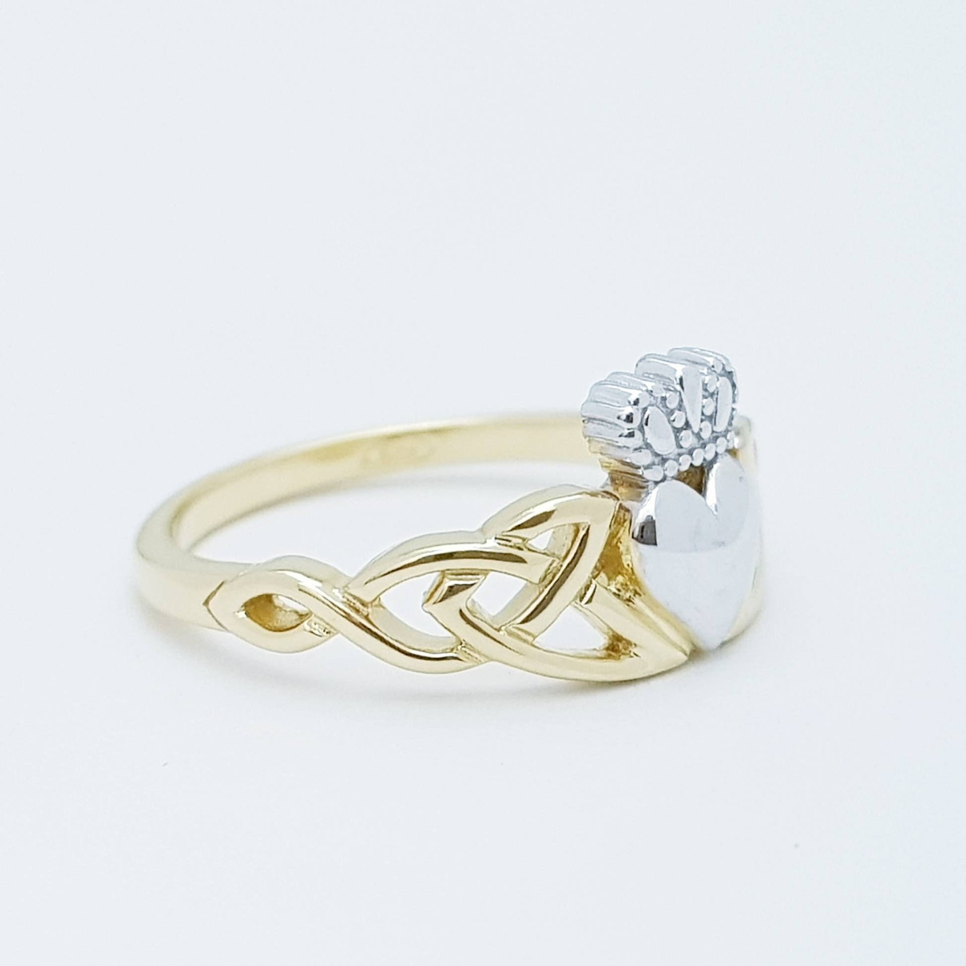 Claddagh Ring with Yellow Gold-Plated Celtic Knots and Sterling Silver Heart & Crown
