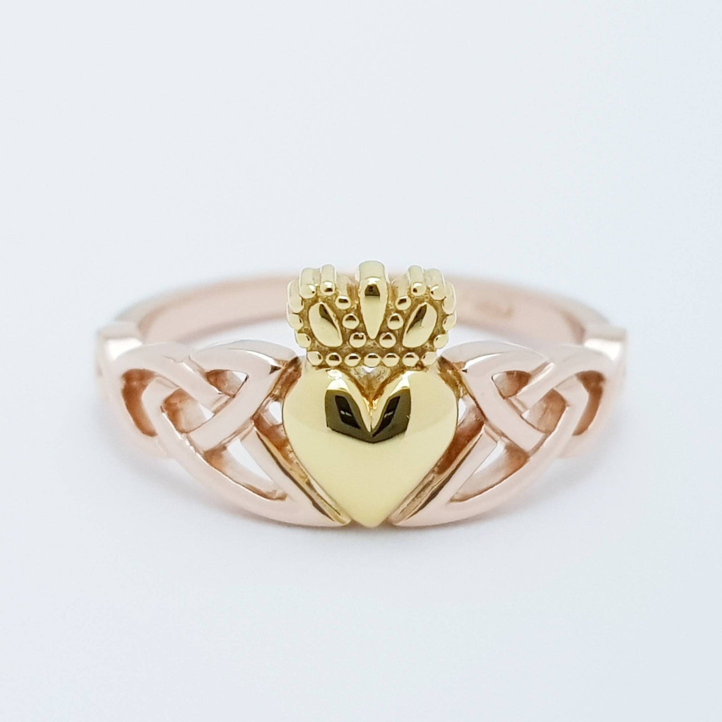 Rose Gold-Plated Claddagh Ring with Celtic Knots and Yellow Gold-Plated Heart & Crown