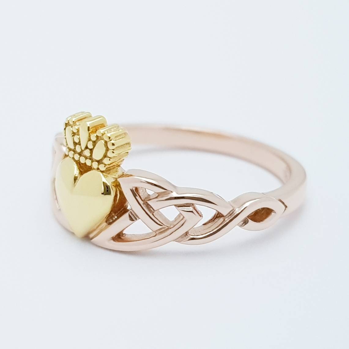 Rose Gold-Plated Claddagh Ring with Celtic Knots and Yellow Gold-Plated Heart & Crown