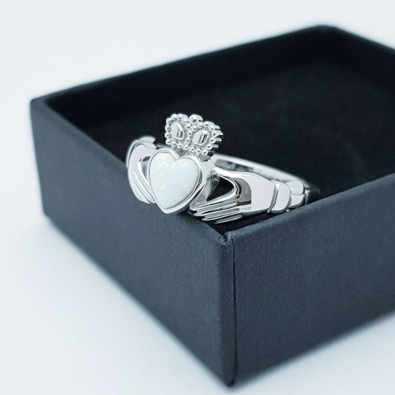 White Opal Sterling Silver Claddagh Ring