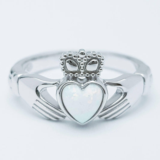 White Opal Sterling Silver Claddagh Ring