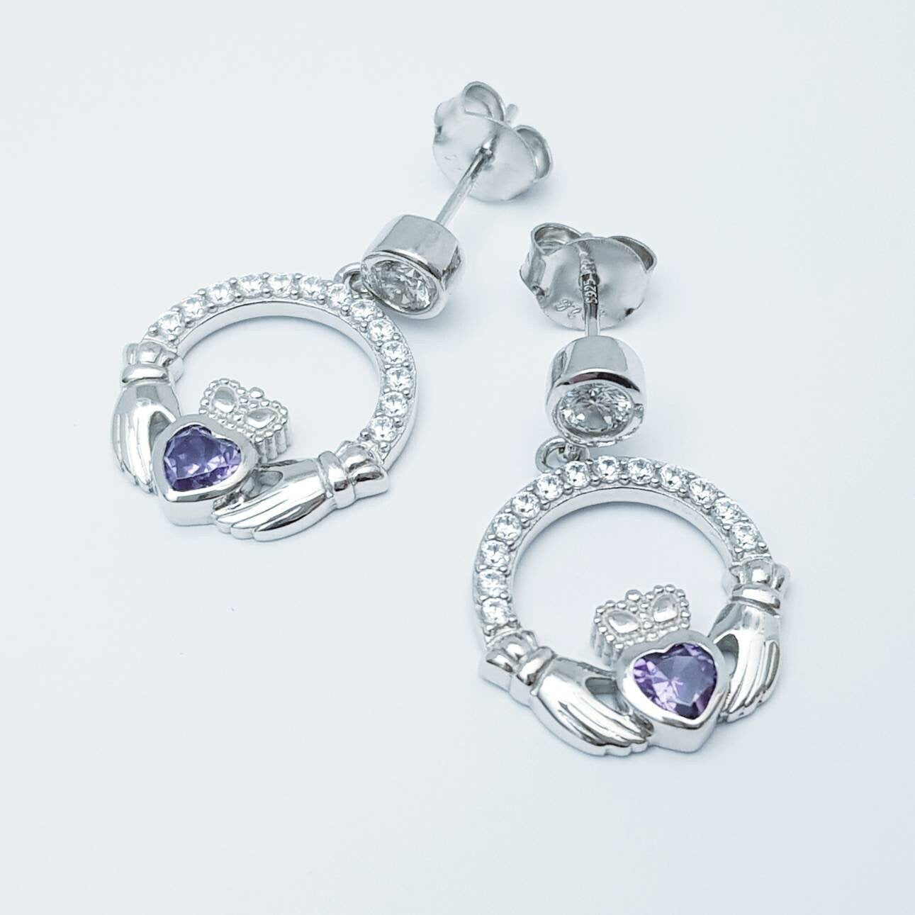 Claddagh drop earrings with purple stone heart, February birthstone