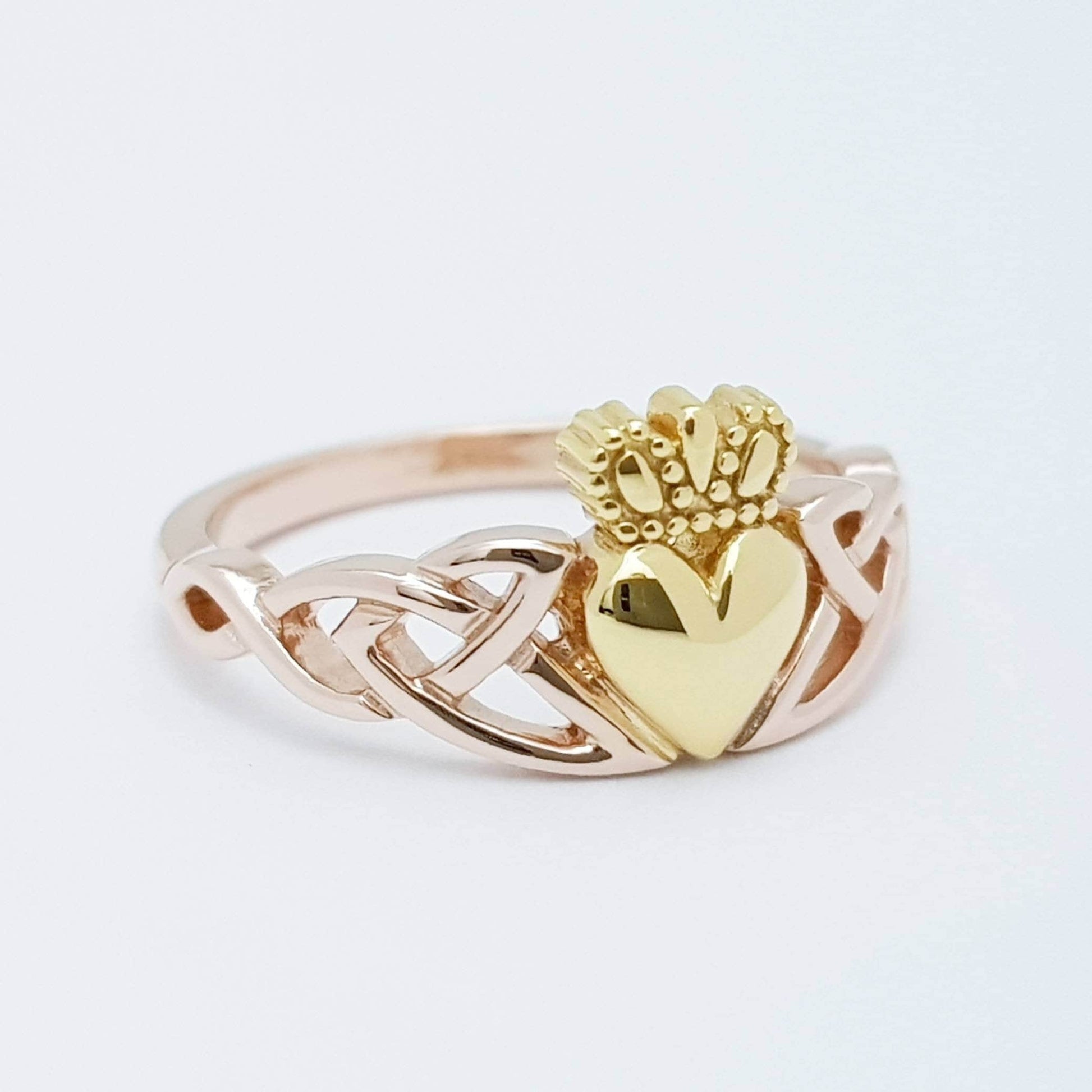 Sterling Silver Claddagh ring, rose and yellow gold celtic Knot Claddagh Ring, Irish celtic love ring