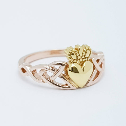 Rose Gold-Plated Claddagh Ring with Celtic Knots and Yellow Gold-Plated Heart & Crown