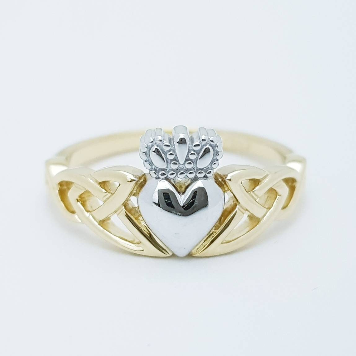 Claddagh Ring with Yellow Gold-Plated Celtic Knots and Sterling Silver Heart & Crown
