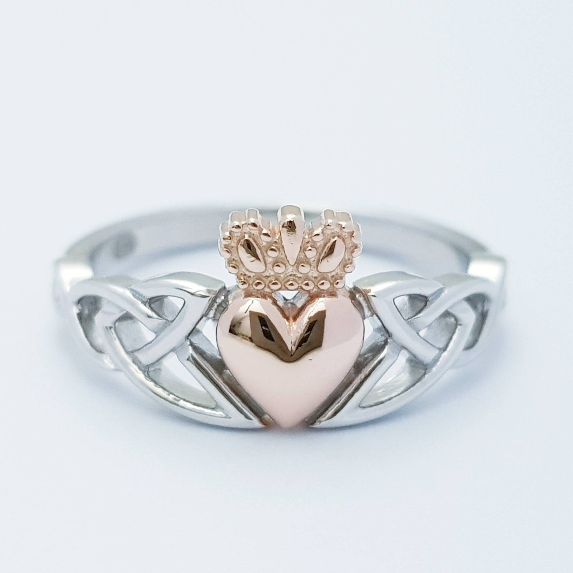 Sterling Silver Claddagh Ring with Celtic Knots and Rose Gold-Plated Heart & Crown