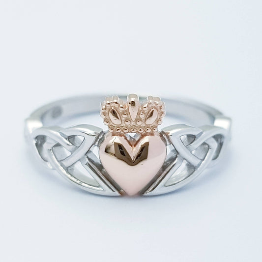 Sterling Silver Claddagh Ring with Celtic Knots and Rose Gold-Plated Heart & Crown
