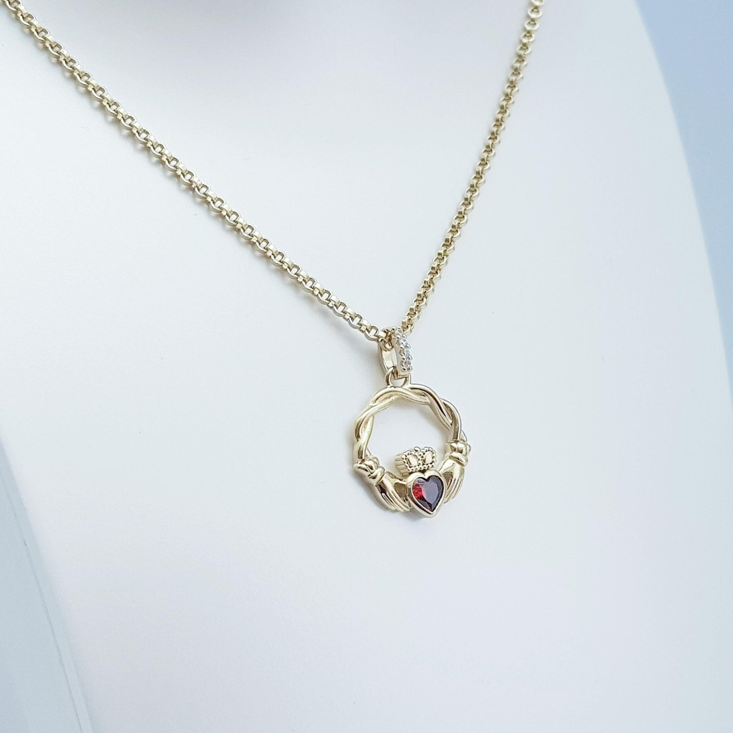 Dainty Sterling Silver claddagh necklace set with Garnet CZ heart