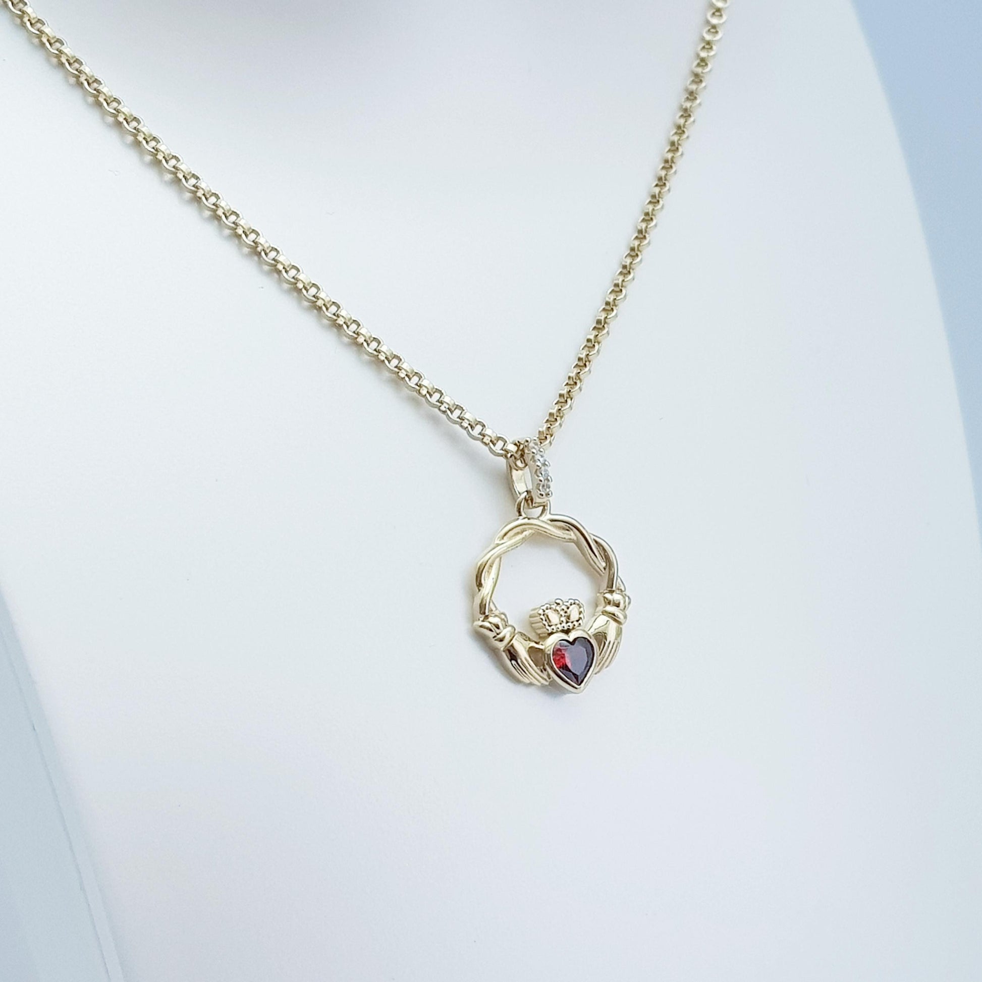 Dainty Sterling Silver claddagh necklace set with Garnet CZ heart