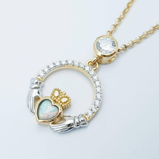 Opal Claddagh pendant, claddagh necklace, yellow gold claddagh pendant October birthstone