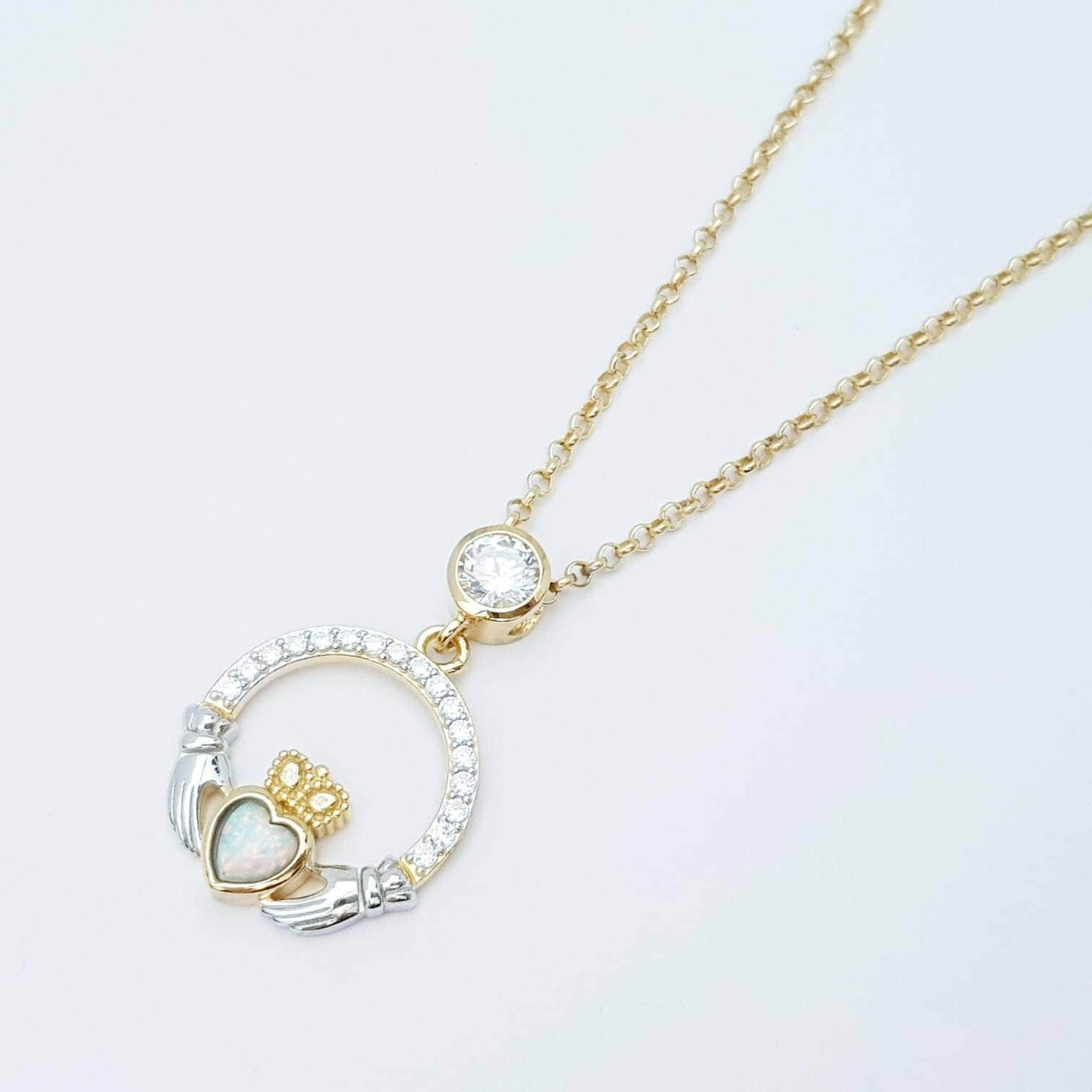 Opal Claddagh pendant, claddagh necklace, yellow gold claddagh pendant October birthstone