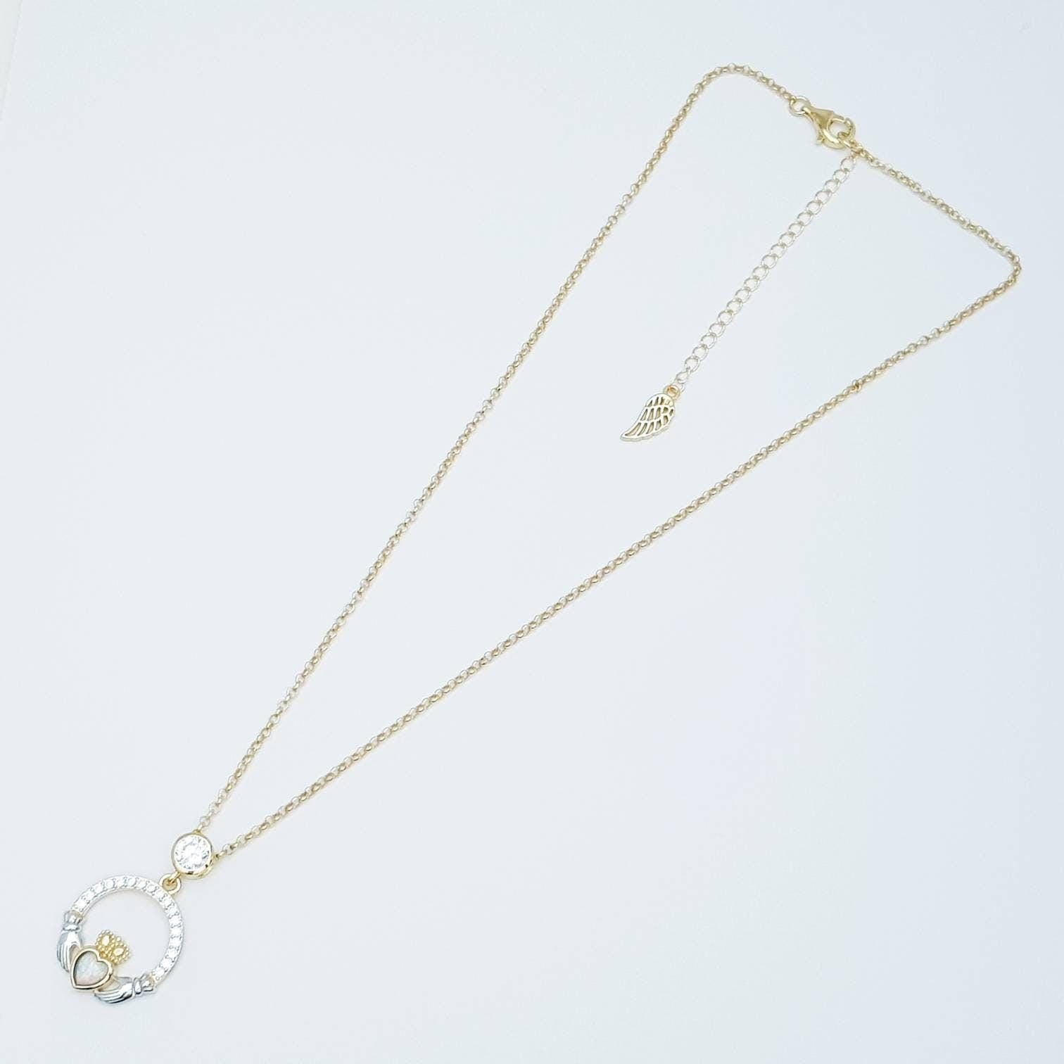 Opal Claddagh pendant, claddagh necklace, yellow gold claddagh pendant October birthstone