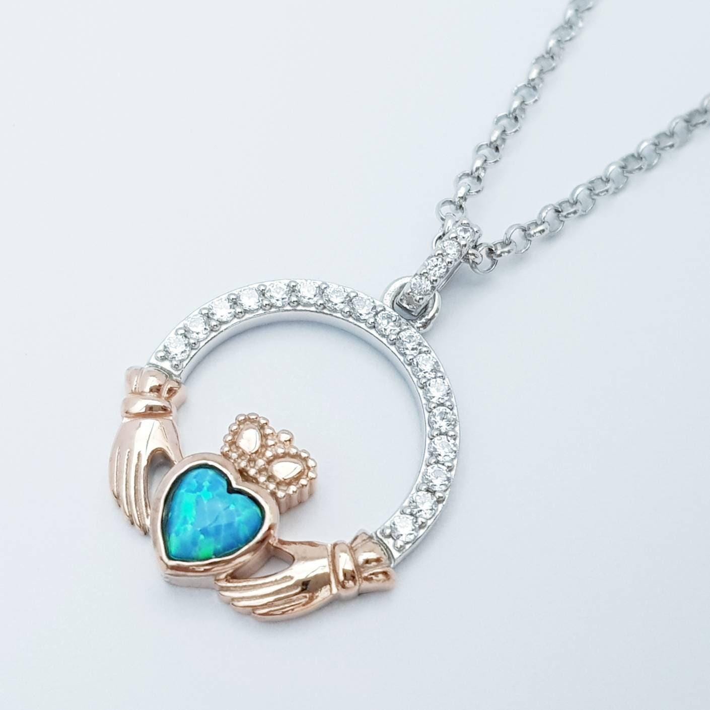 Opal Claddagh pendant, claddagh necklace, rose gold claddagh pendant October birthstone