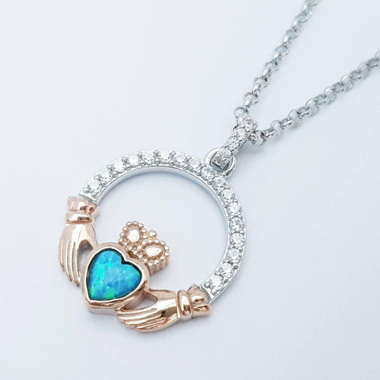 Opal Claddagh pendant, claddagh necklace, rose gold claddagh pendant October birthstone