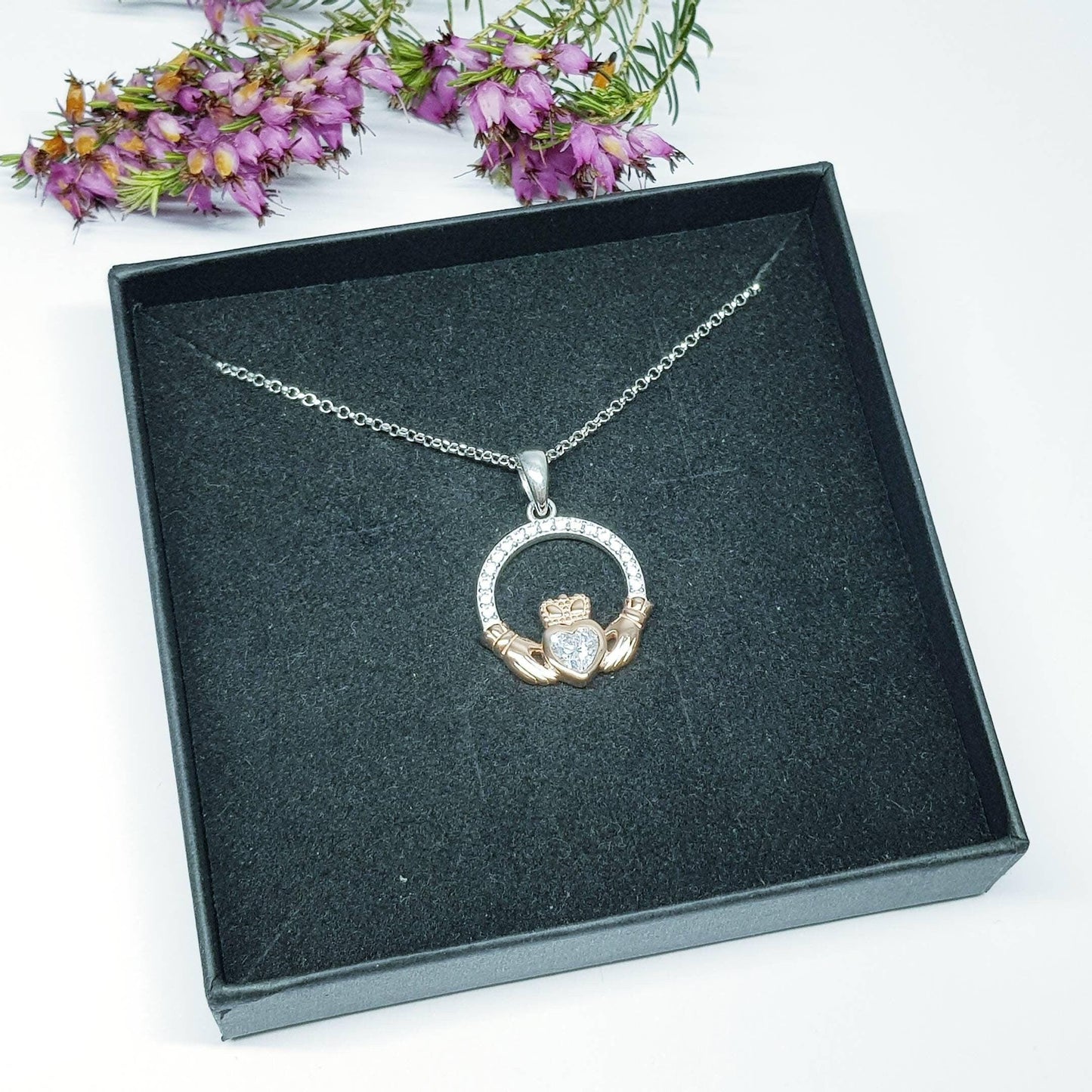 Sterling silver april birthstone claddagh necklace with rose gold