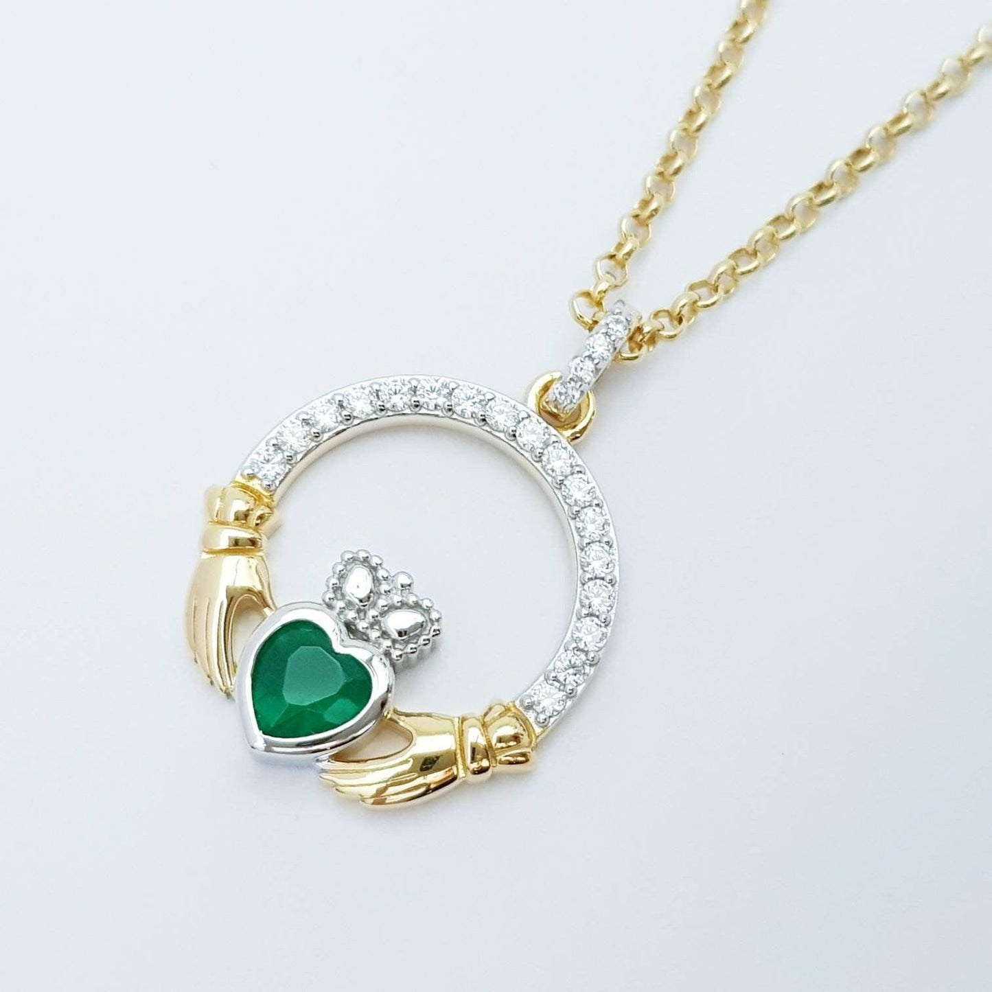 Green Claddagh pendant, claddagh necklace, silver & gold claddagh pendant