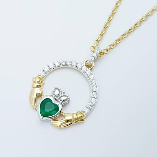 Green Claddagh pendant, claddagh necklace, silver & gold claddagh pendant