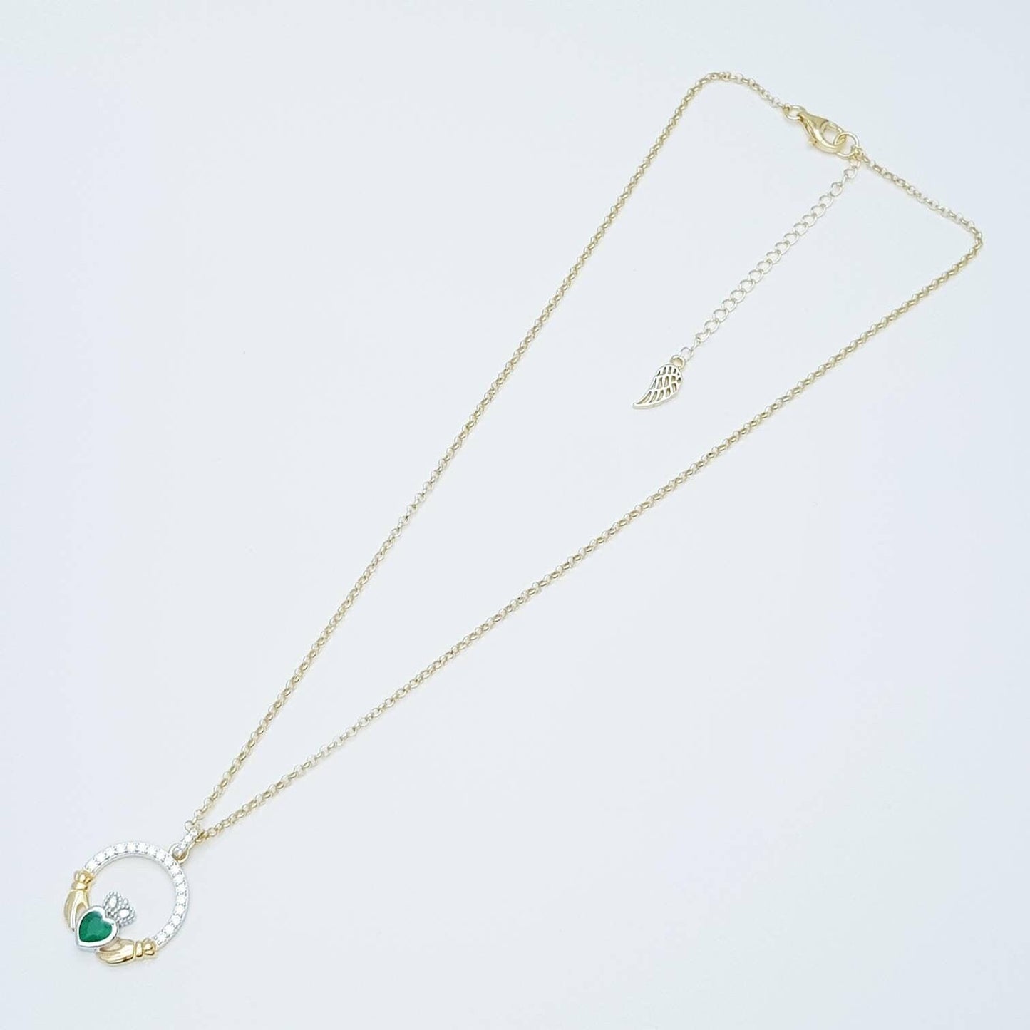 Green Claddagh pendant, claddagh necklace, silver & gold claddagh pendant
