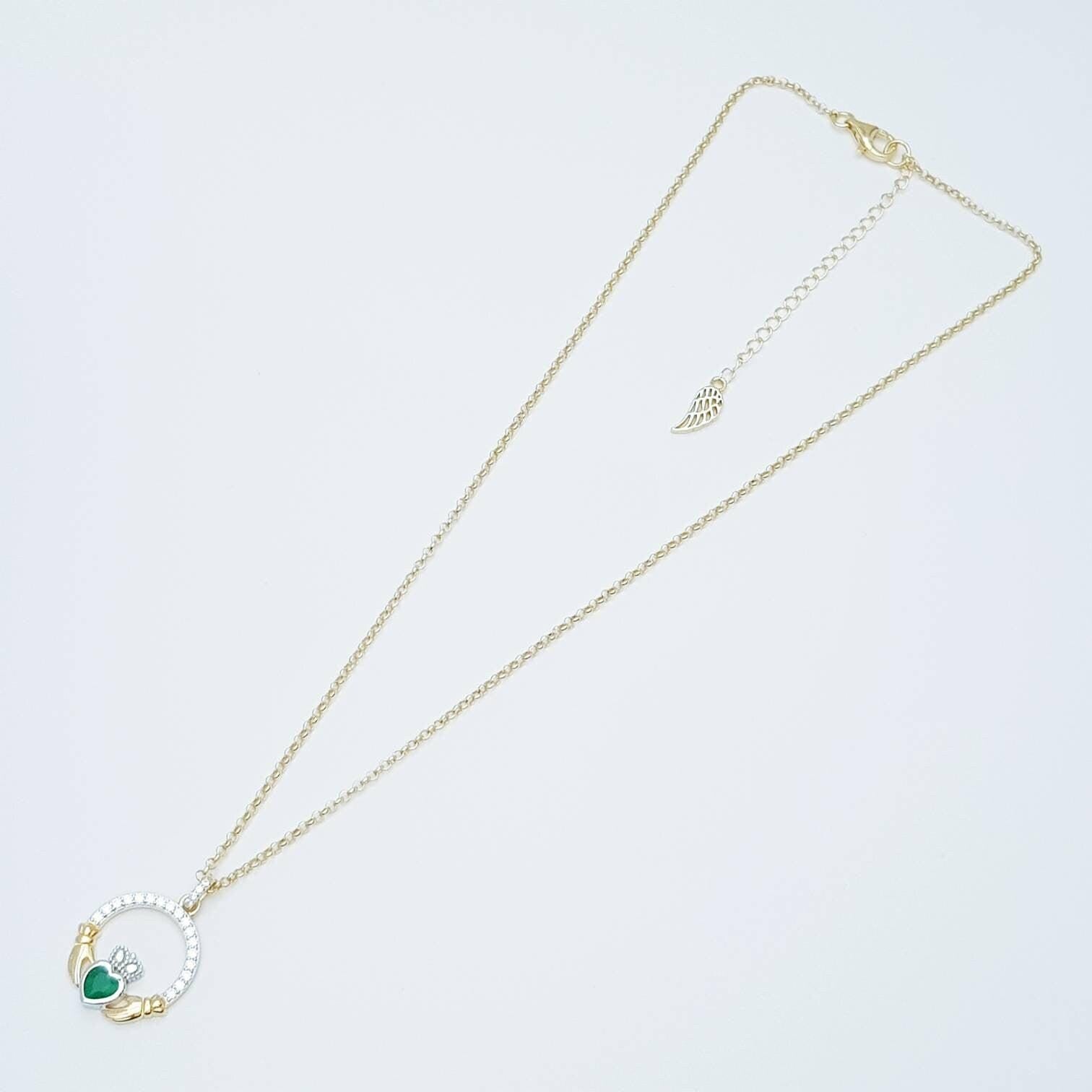 Green Claddagh pendant, claddagh necklace, silver & gold claddagh pendant