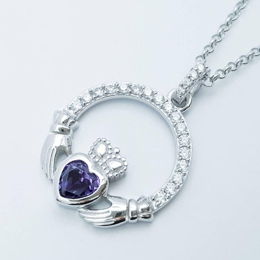 Claddagh necklace with purple February birthstone, Irish claddagh from Galway