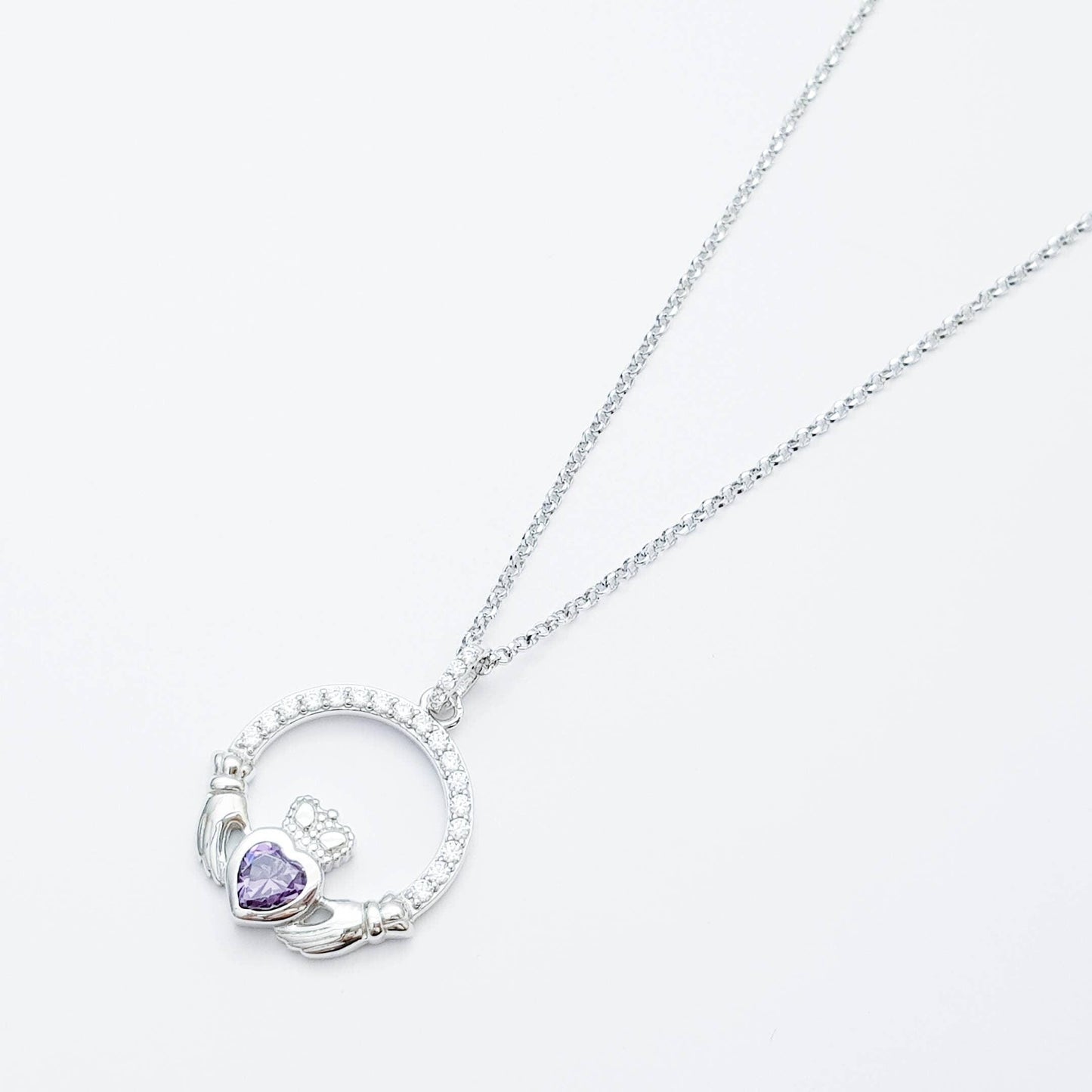 Claddagh necklace with purple February birthstone, Irish claddagh from Galway