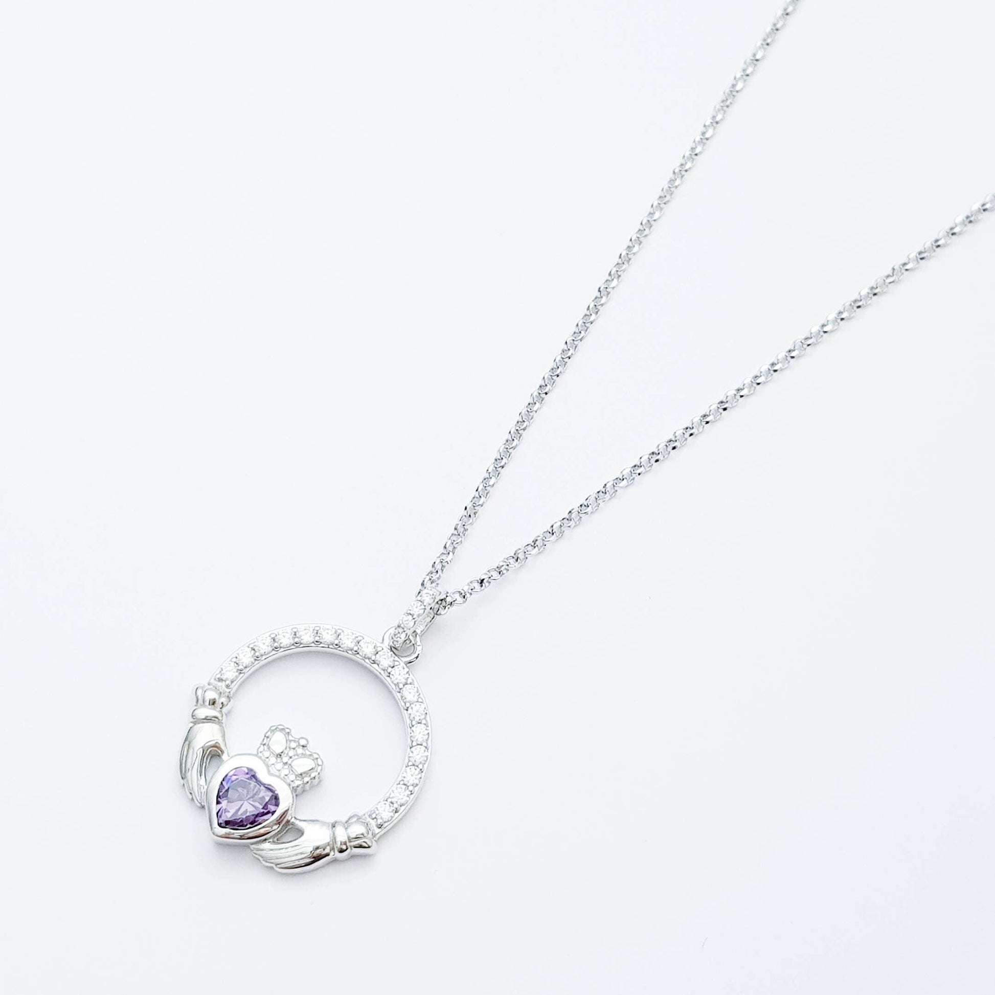 Claddagh necklace with purple February birthstone, Irish claddagh from Galway