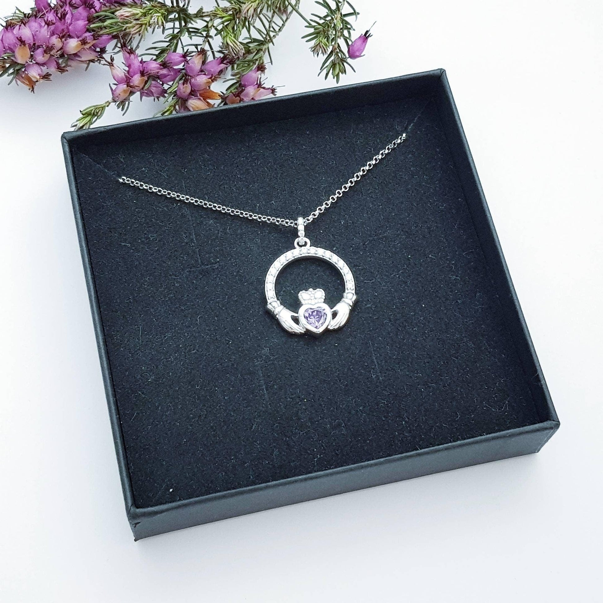Claddagh necklace with purple February birthstone, Irish claddagh from Galway
