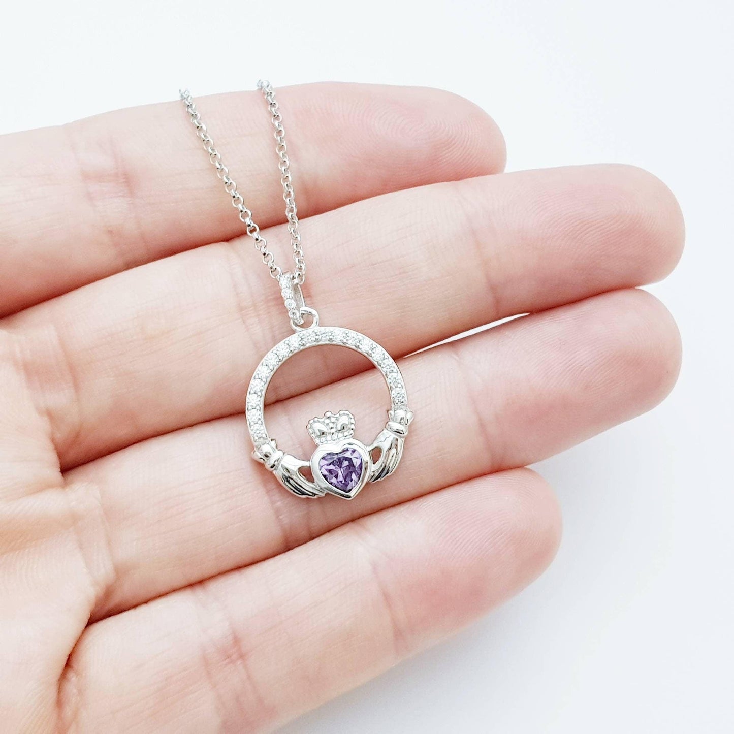 Claddagh necklace with purple February birthstone, Irish claddagh from Galway