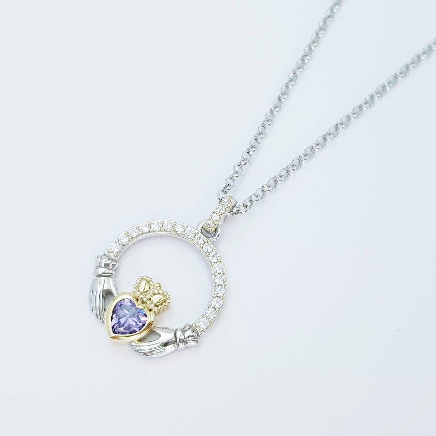 Purple Claddagh pendant, claddagh necklace, silver claddagh pendant February birthstone