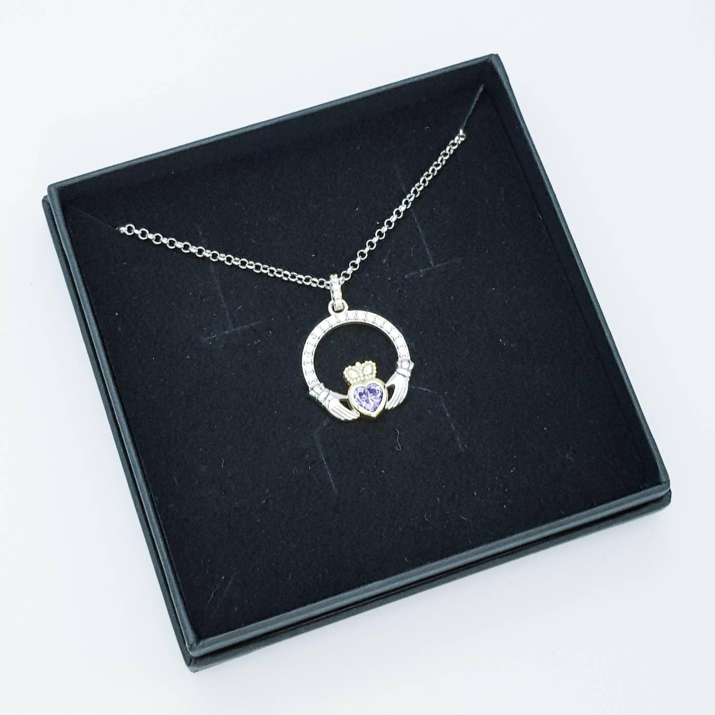 Purple Claddagh pendant, claddagh necklace, silver claddagh pendant February birthstone