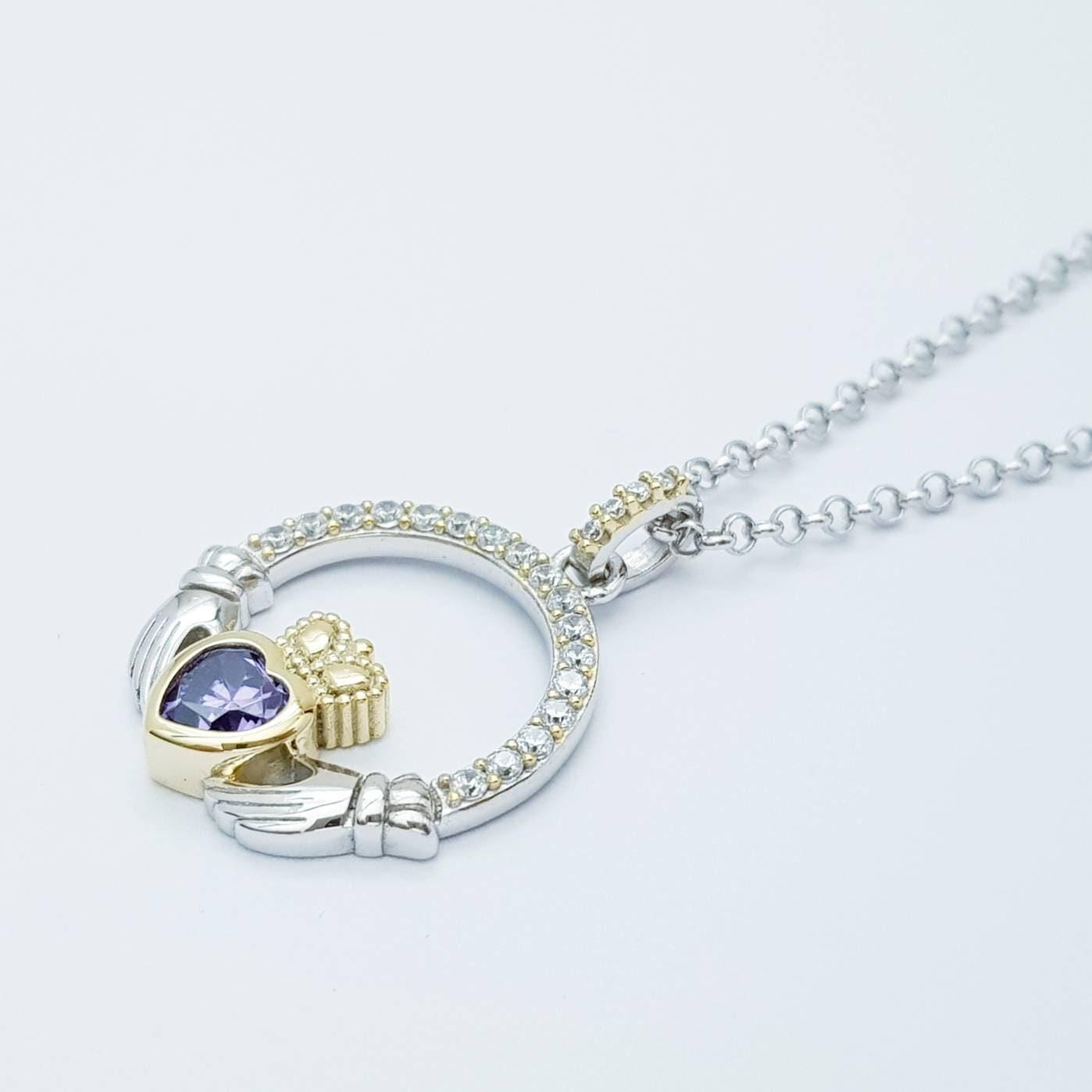 Purple Claddagh pendant, claddagh necklace, silver claddagh pendant February birthstone