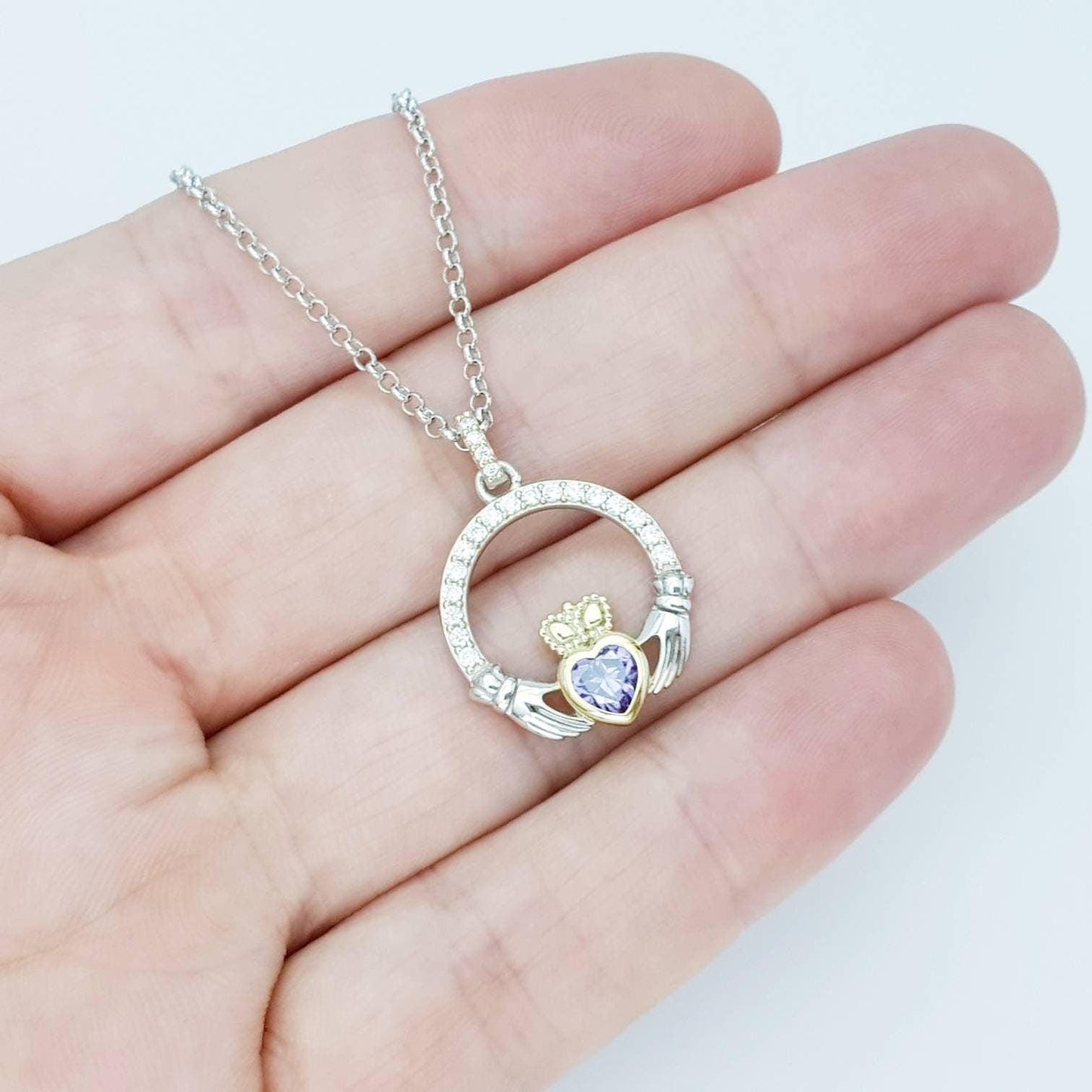 Purple Claddagh pendant, claddagh necklace, silver claddagh pendant February birthstone