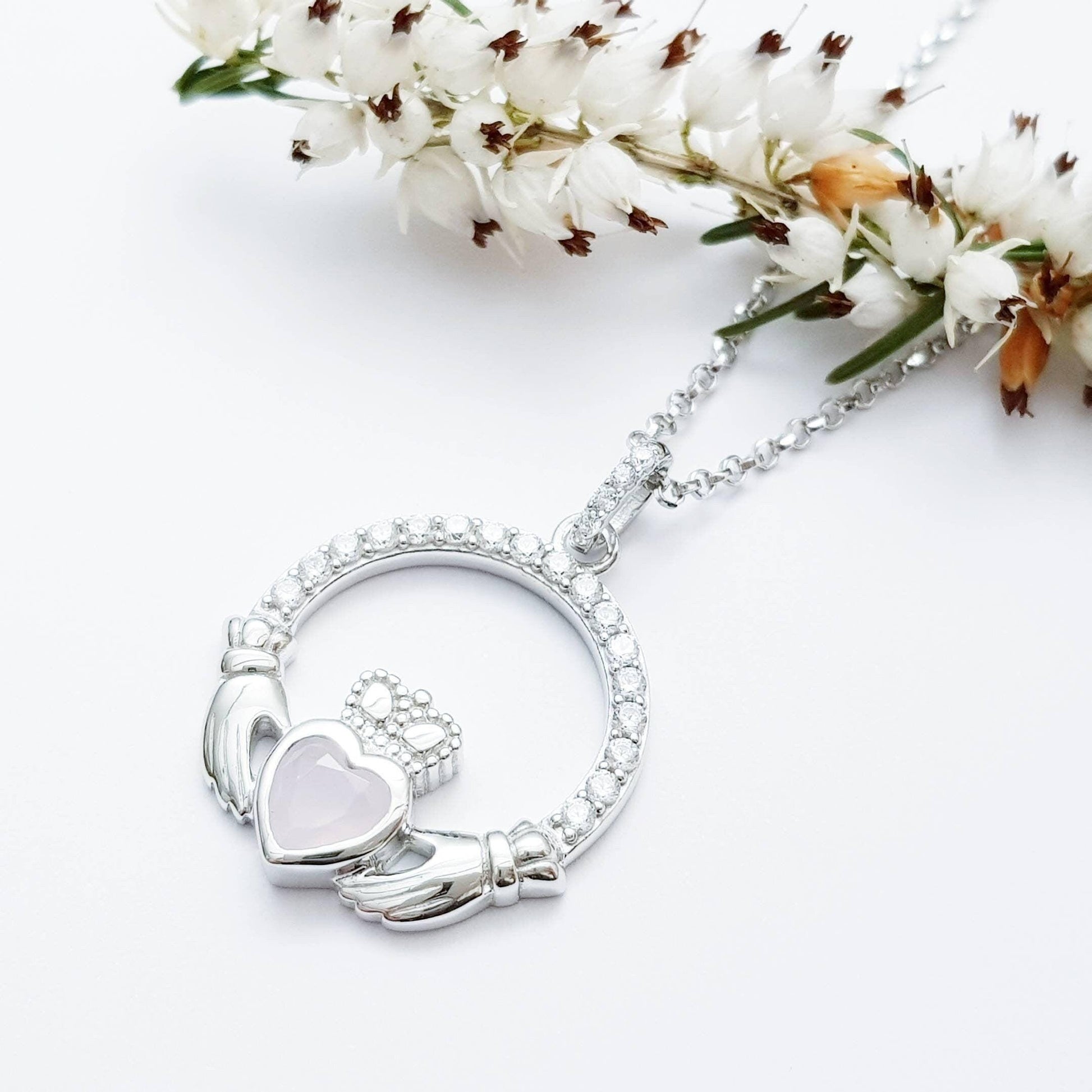 Sterling Silver Claddagh pendant, claddagh necklace, Pink Claddagh chain from Ireland