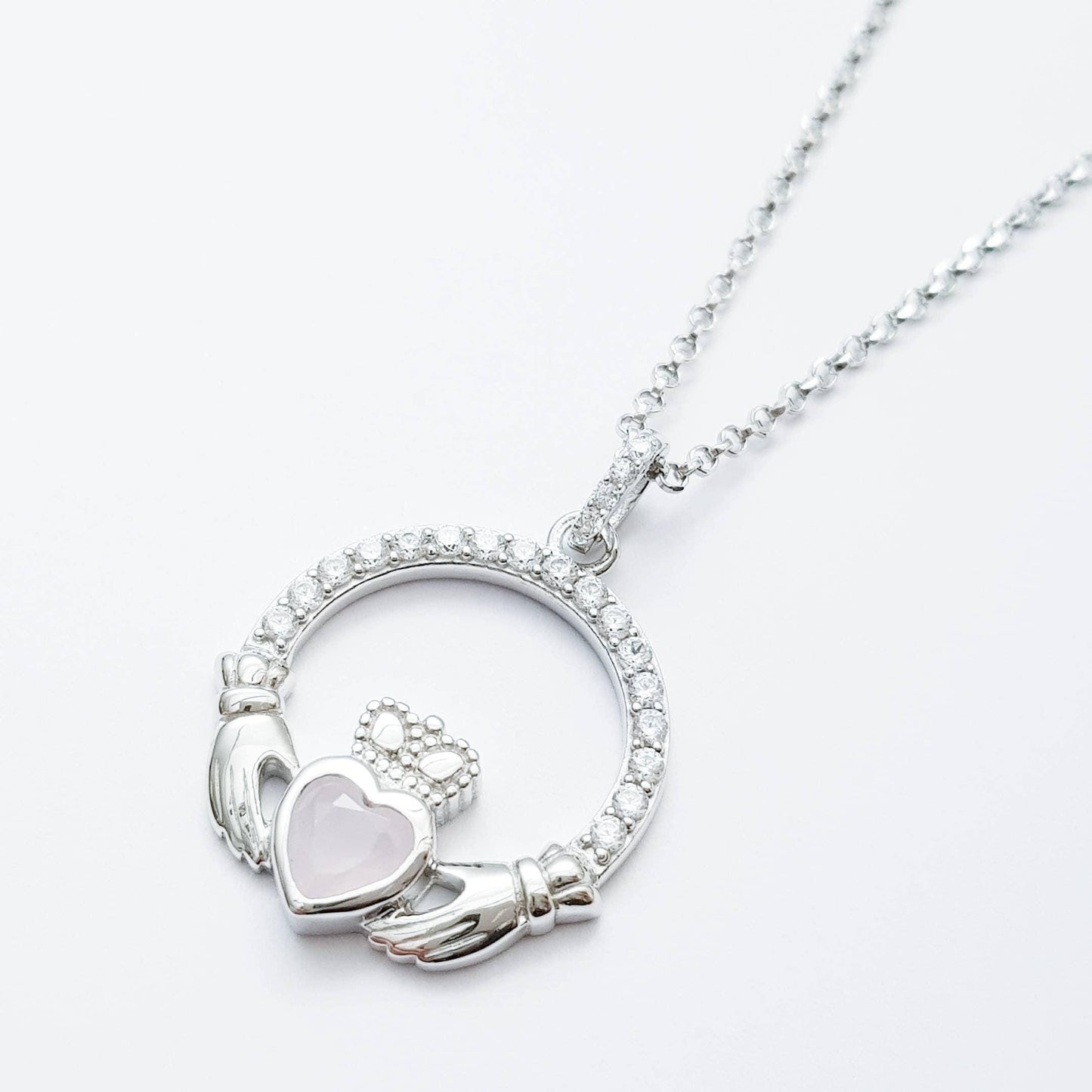 Sterling Silver Claddagh pendant, claddagh necklace, Pink Claddagh chain from Ireland