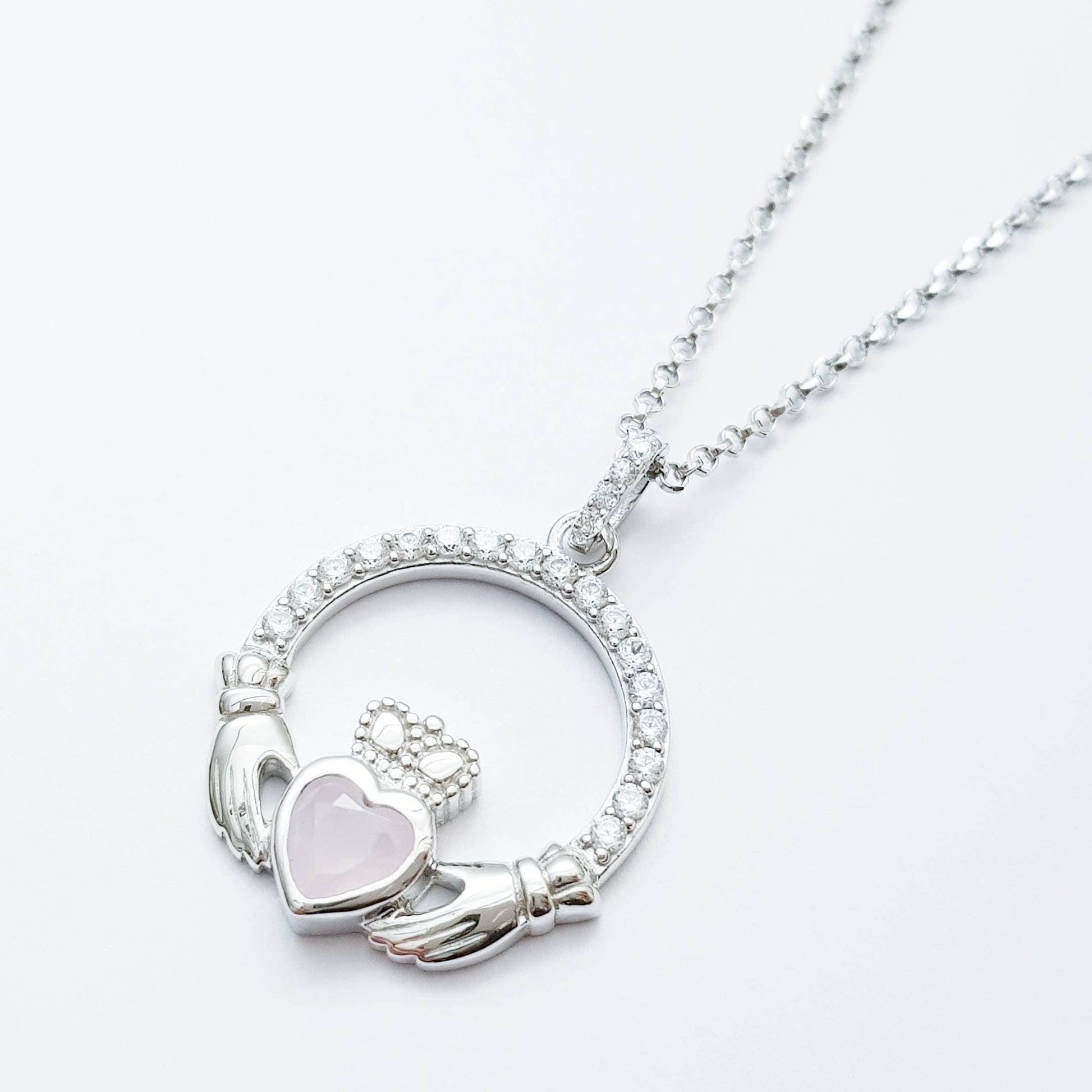 Sterling Silver Claddagh pendant, claddagh necklace, Pink Claddagh chain from Ireland