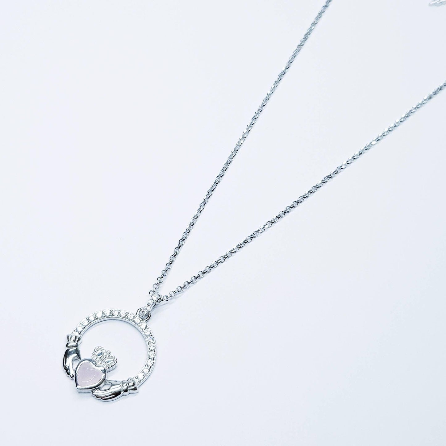 Sterling Silver Claddagh pendant, claddagh necklace, Pink Claddagh chain from Ireland