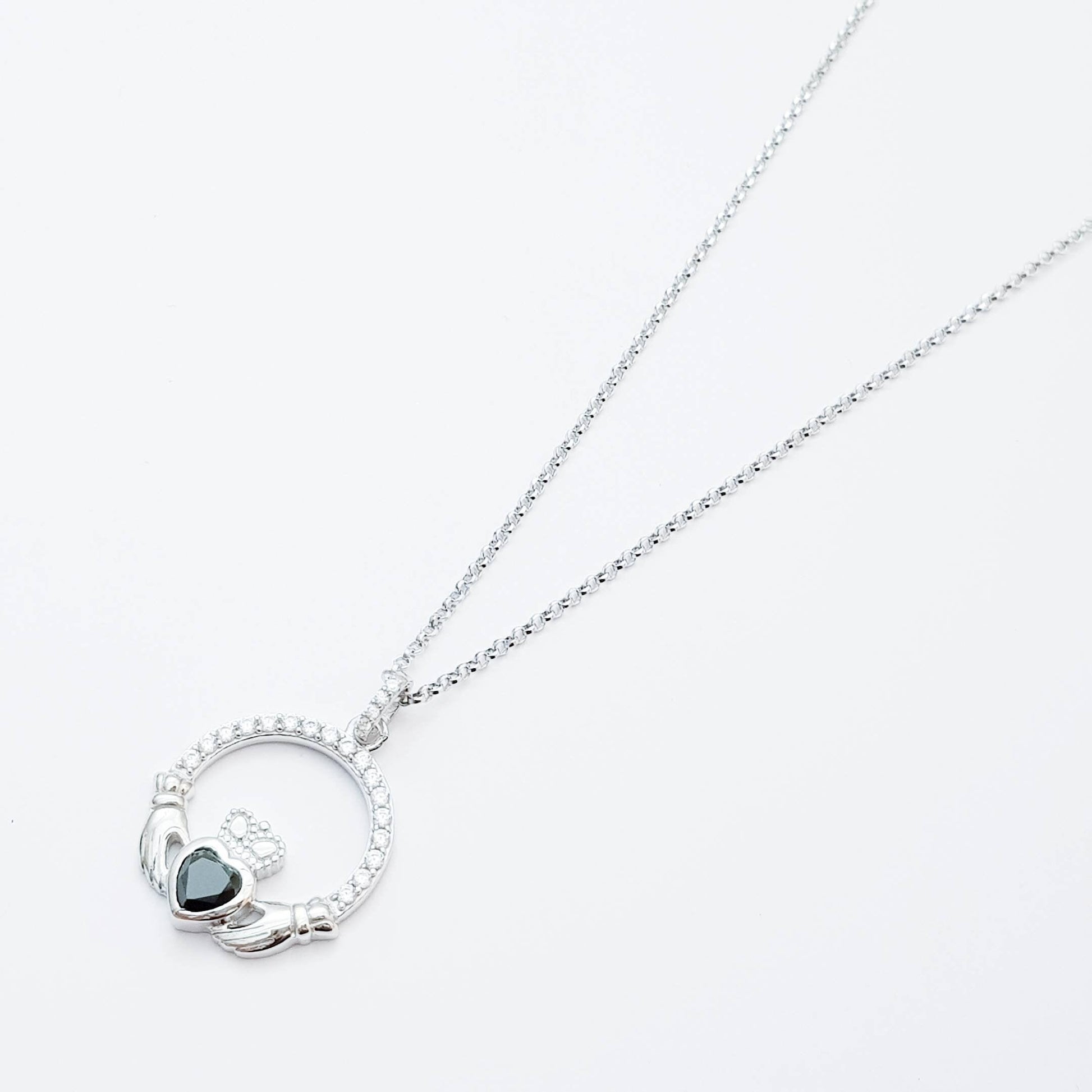 Silver Claddagh pendant, black stone Claddagh necklace  from Ireland