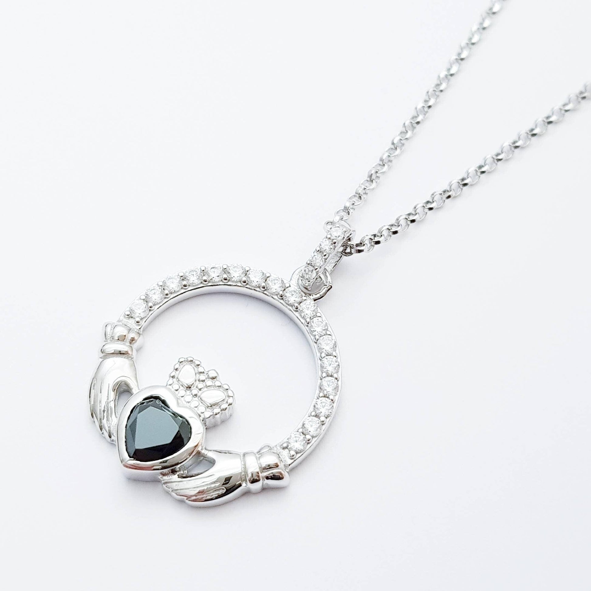 Silver Claddagh pendant, black stone Claddagh necklace  from Ireland