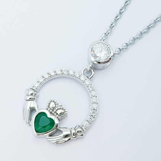Sterling silver claddagh necklace with emerald green heart shaped stone