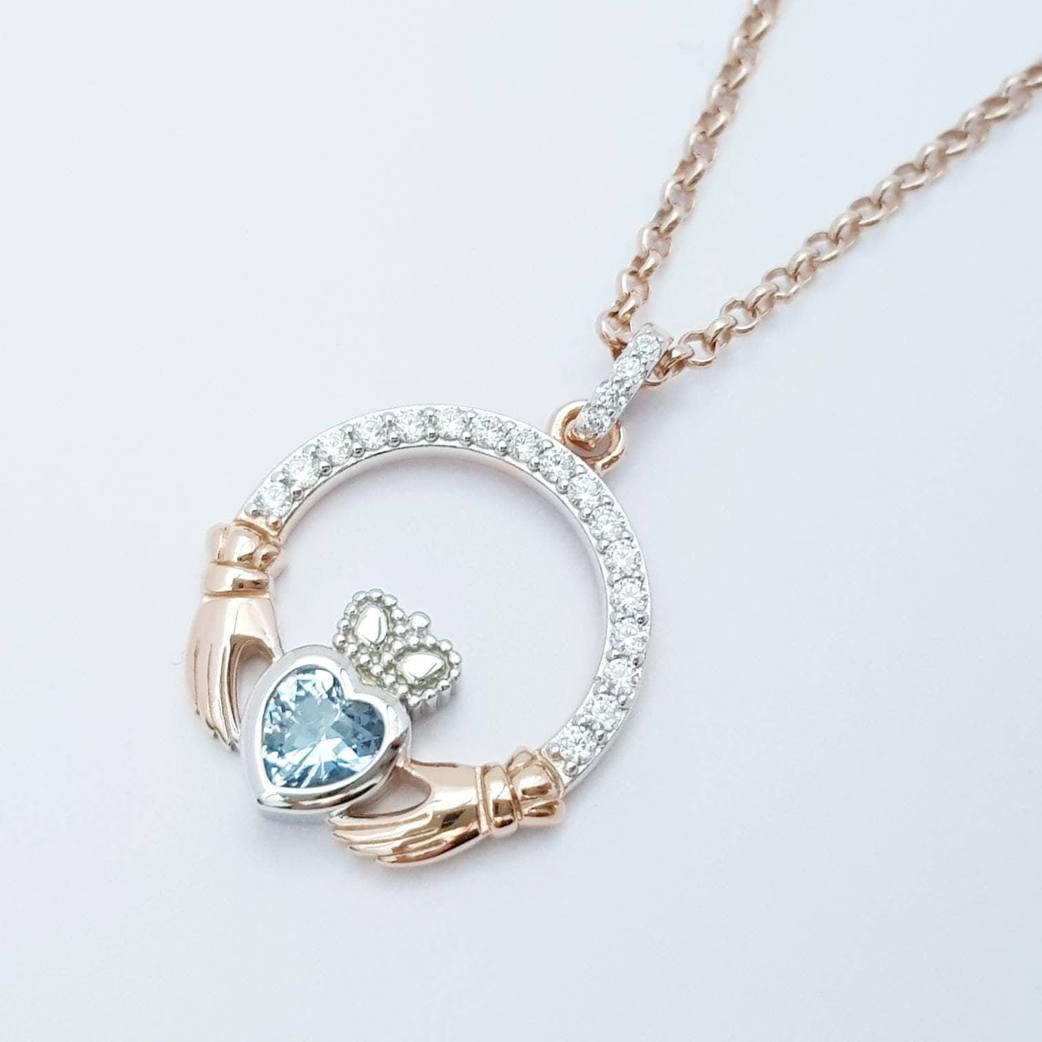 Aquamarine Claddagh pendant, claddagh necklace, rose gold claddagh pendant