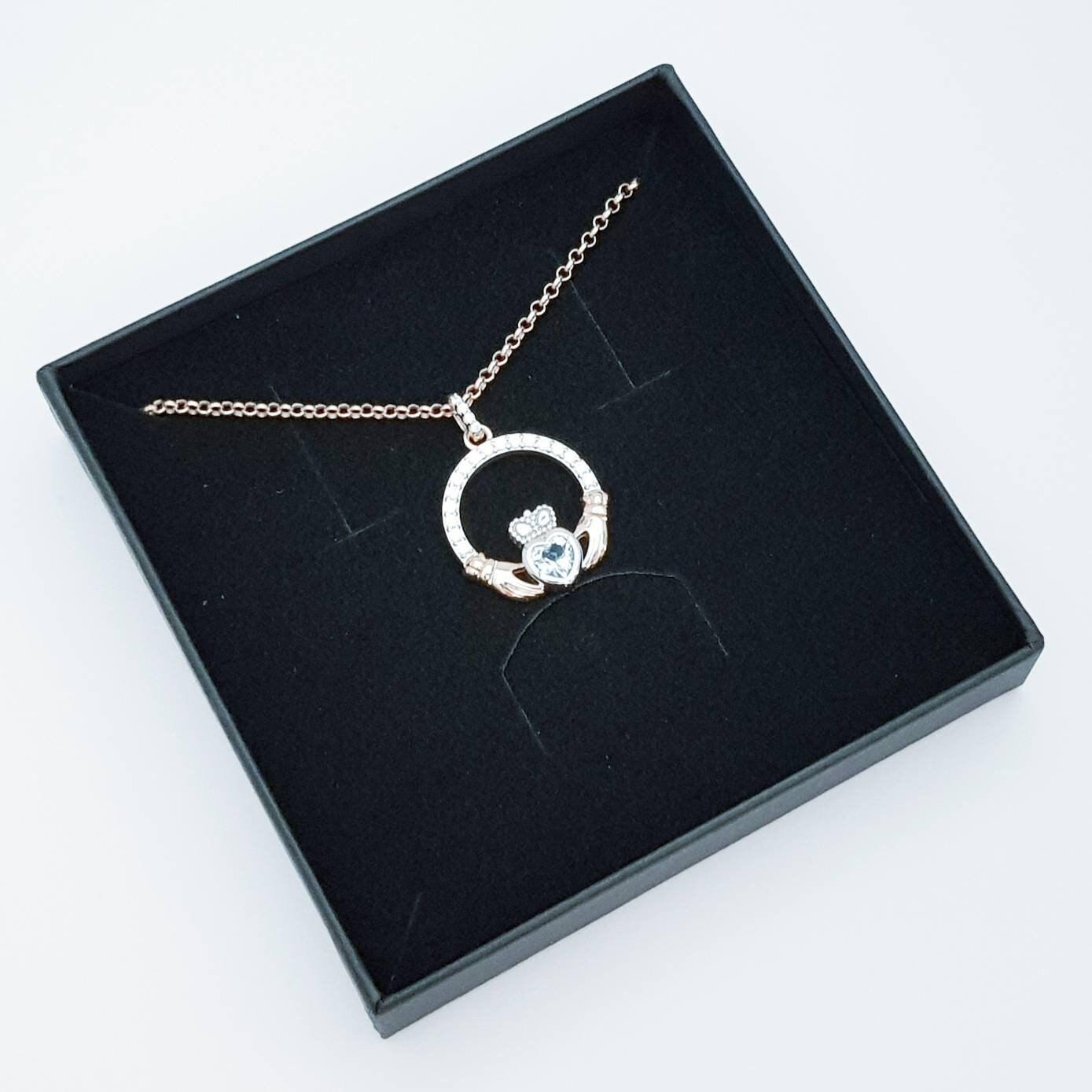 Aquamarine Claddagh pendant, claddagh necklace, rose gold claddagh pendant