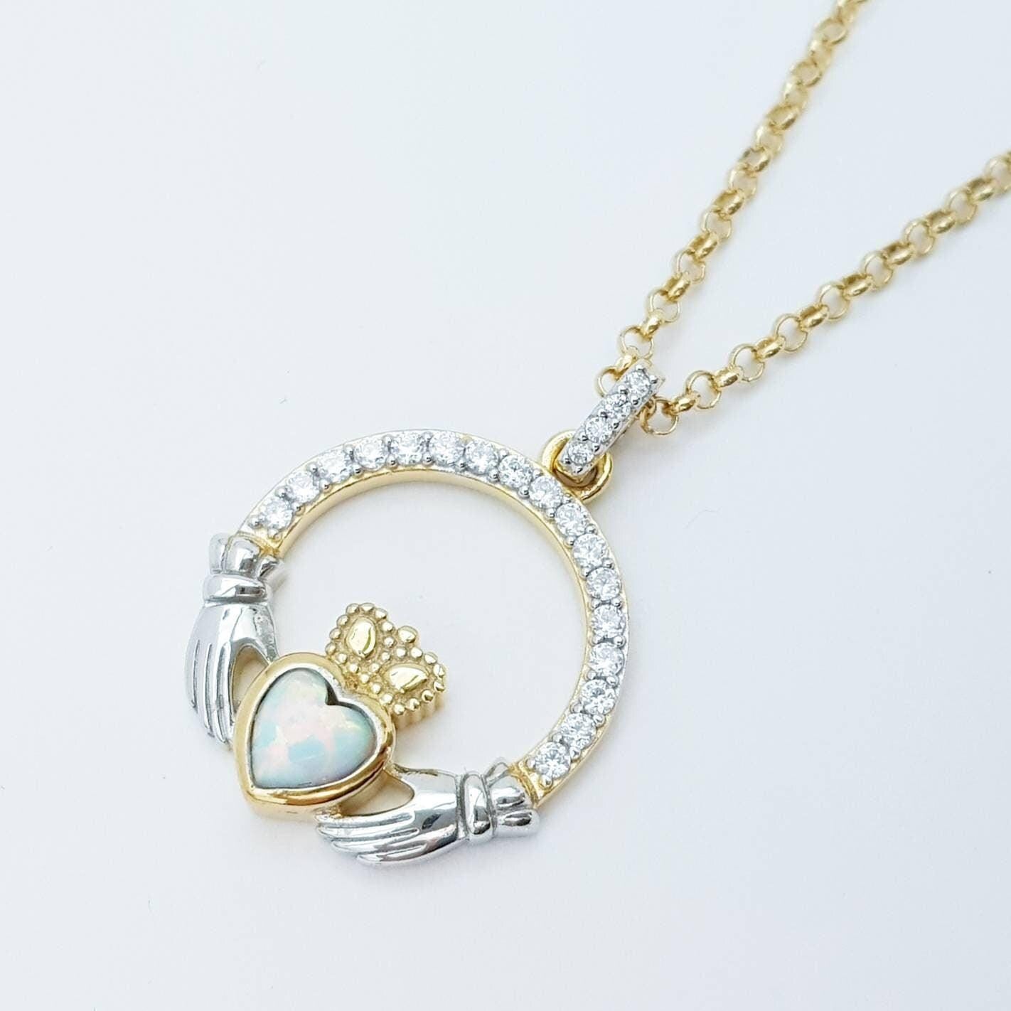 White Opal Claddagh pendant, claddagh necklace, yellow gold claddagh pendant October birthstone