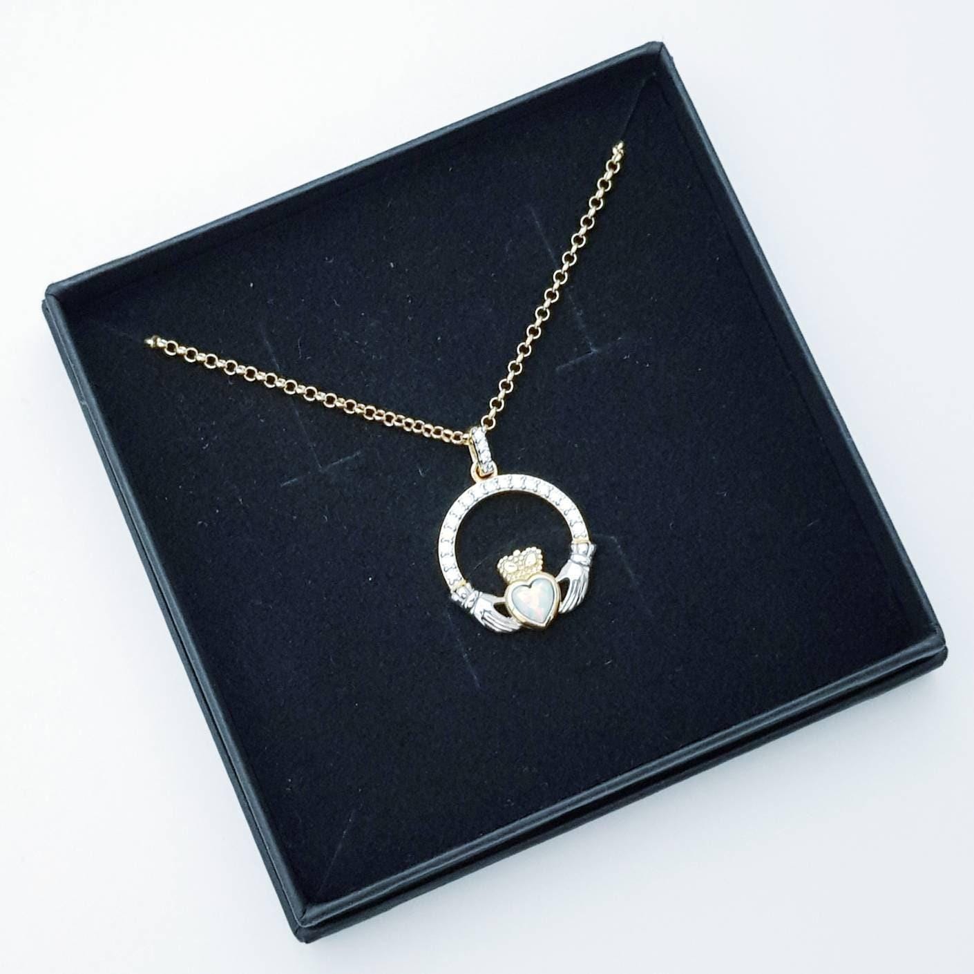 White Opal Claddagh pendant, claddagh necklace, yellow gold claddagh pendant October birthstone
