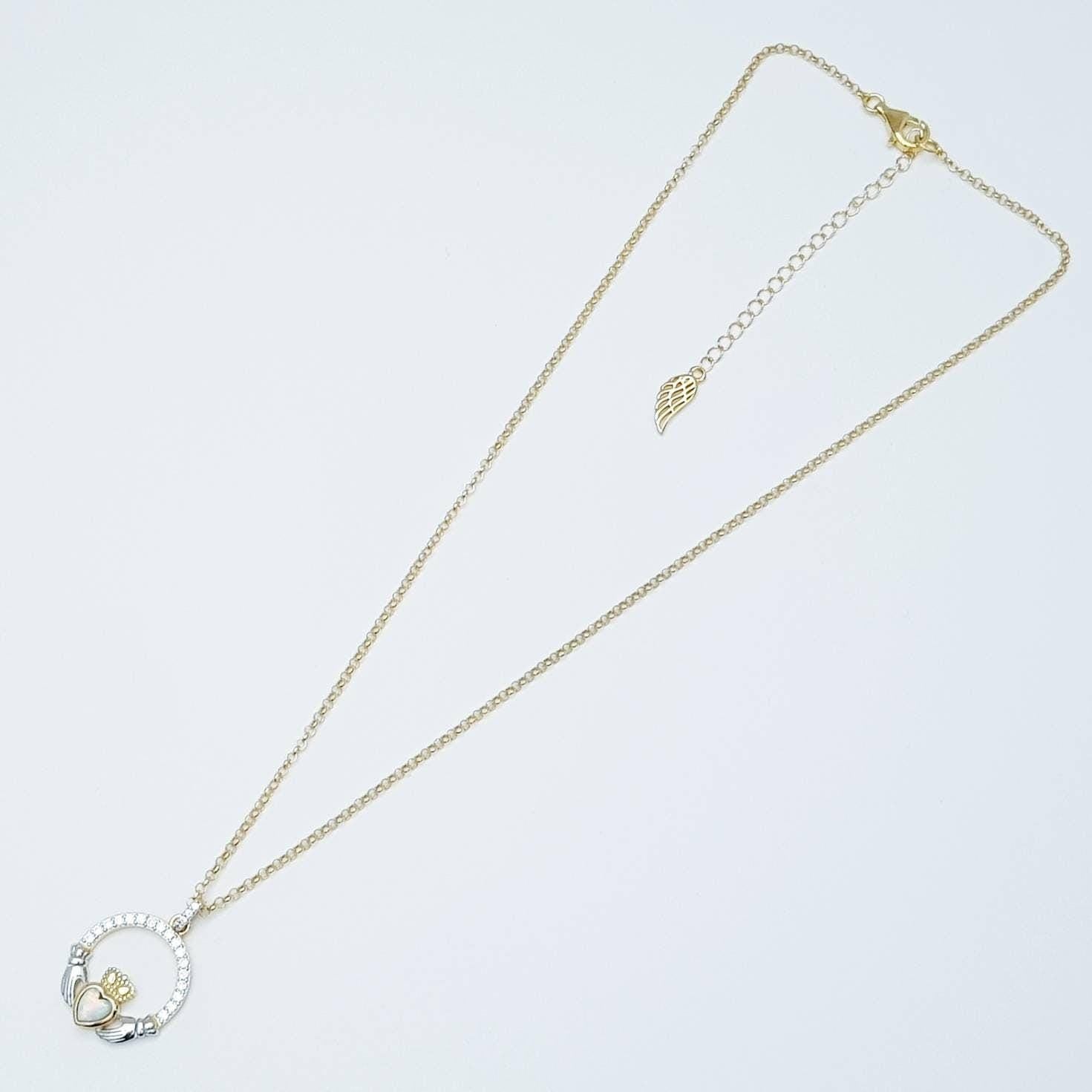 White Opal Claddagh pendant, claddagh necklace, yellow gold claddagh pendant October birthstone