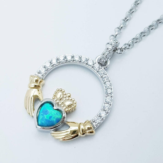 Black Opal Claddagh pendant, claddagh necklace, yellow gold and silver claddagh pendant October birthstone