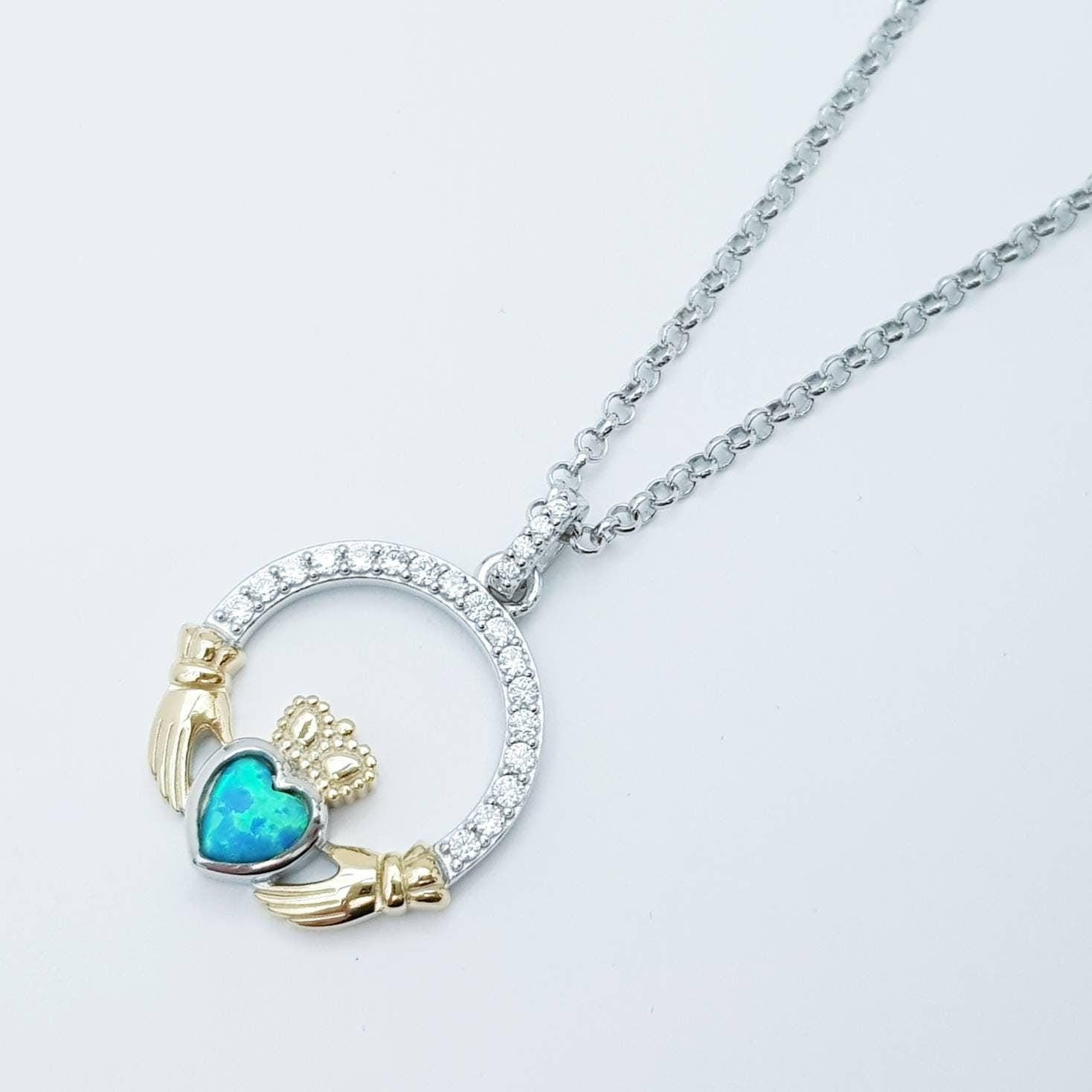 Black Opal Claddagh pendant, claddagh necklace, yellow gold and silver claddagh pendant October birthstone