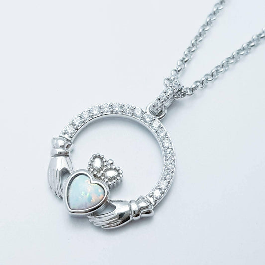 White Opal Claddagh pendant, claddagh necklace, sterling silver claddagh pendant October birthstone