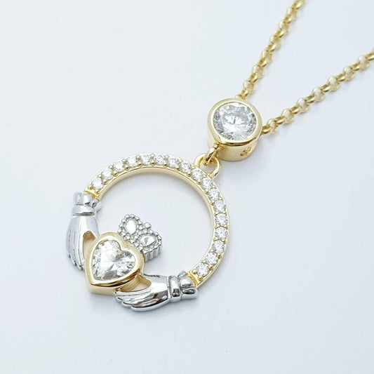 925 Silver Claddagh pendant, Irish claddagh necklace from Galway, silver and yellow gold claddagh pendant
