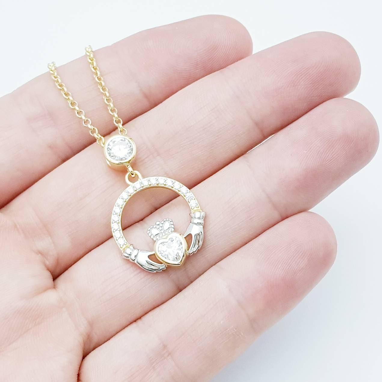 925 Silver Claddagh pendant, Irish claddagh necklace from Galway, silver and yellow gold claddagh pendant